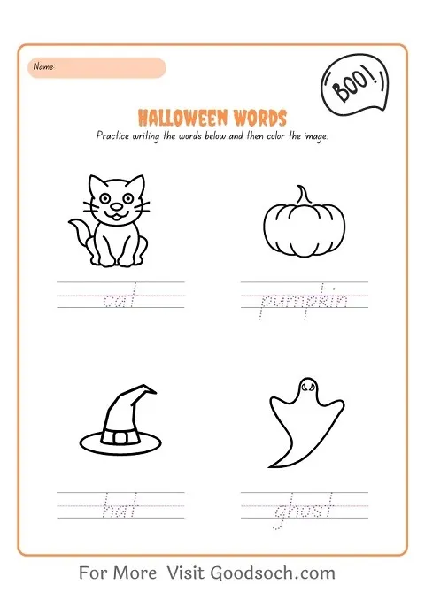 Halloween Writing Word Worksheet for kids